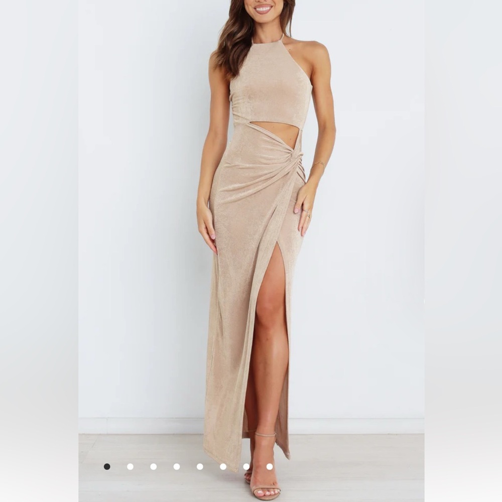 Elegant Tan Shimmer Halter Maxi Dress